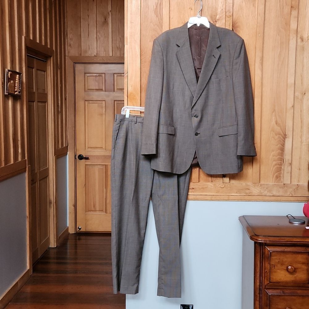 TownCraft Vintage 2 Piece Wool Coat & Pants Suit Set, 46L X 38, Brown Checks